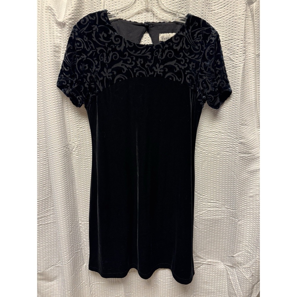 Vintage Tessuto Women's Black Velvet Burnout Shoulder Mini Dress USA Made Size M